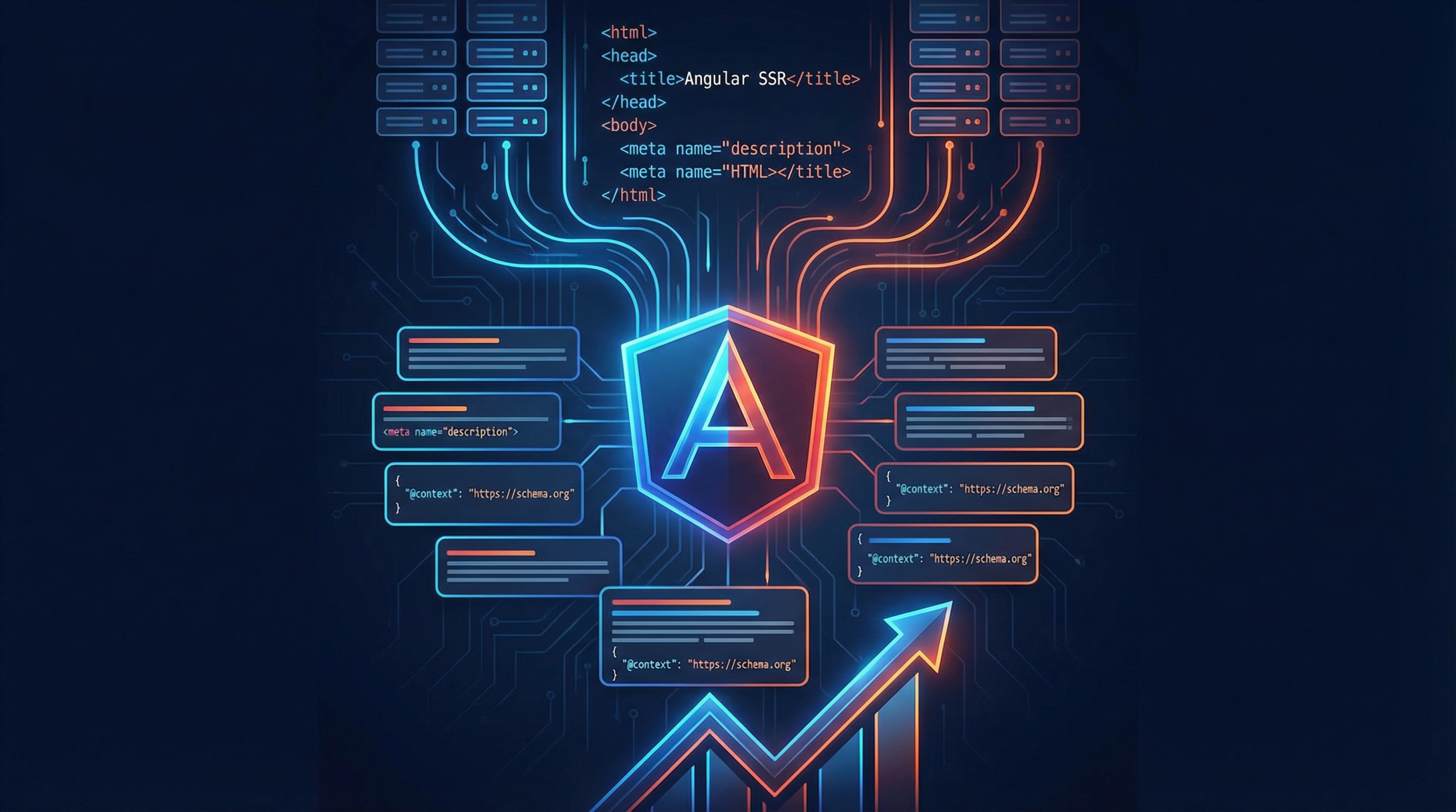 Tela de código Angular com elementos de SEO flutuando ao redor