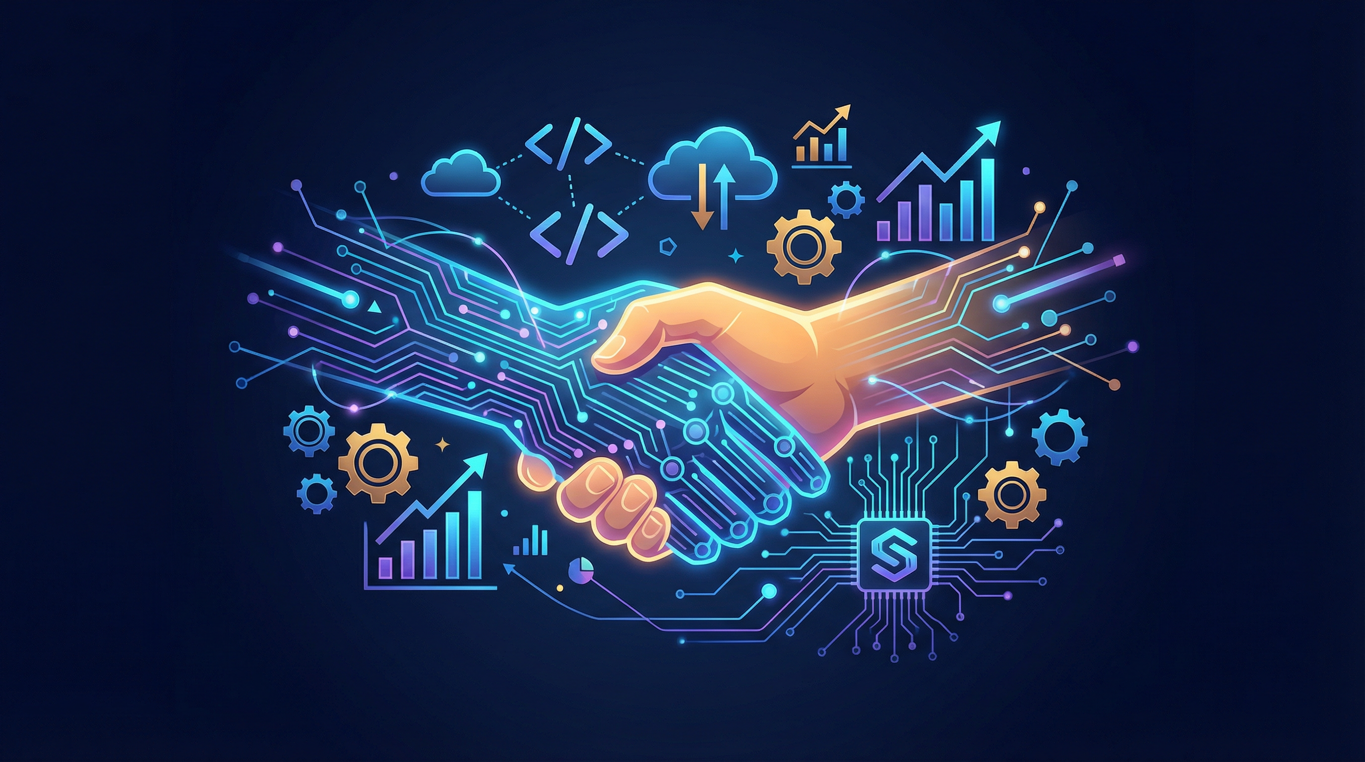 Handshake com elementos digitais representando parceria tecnológica