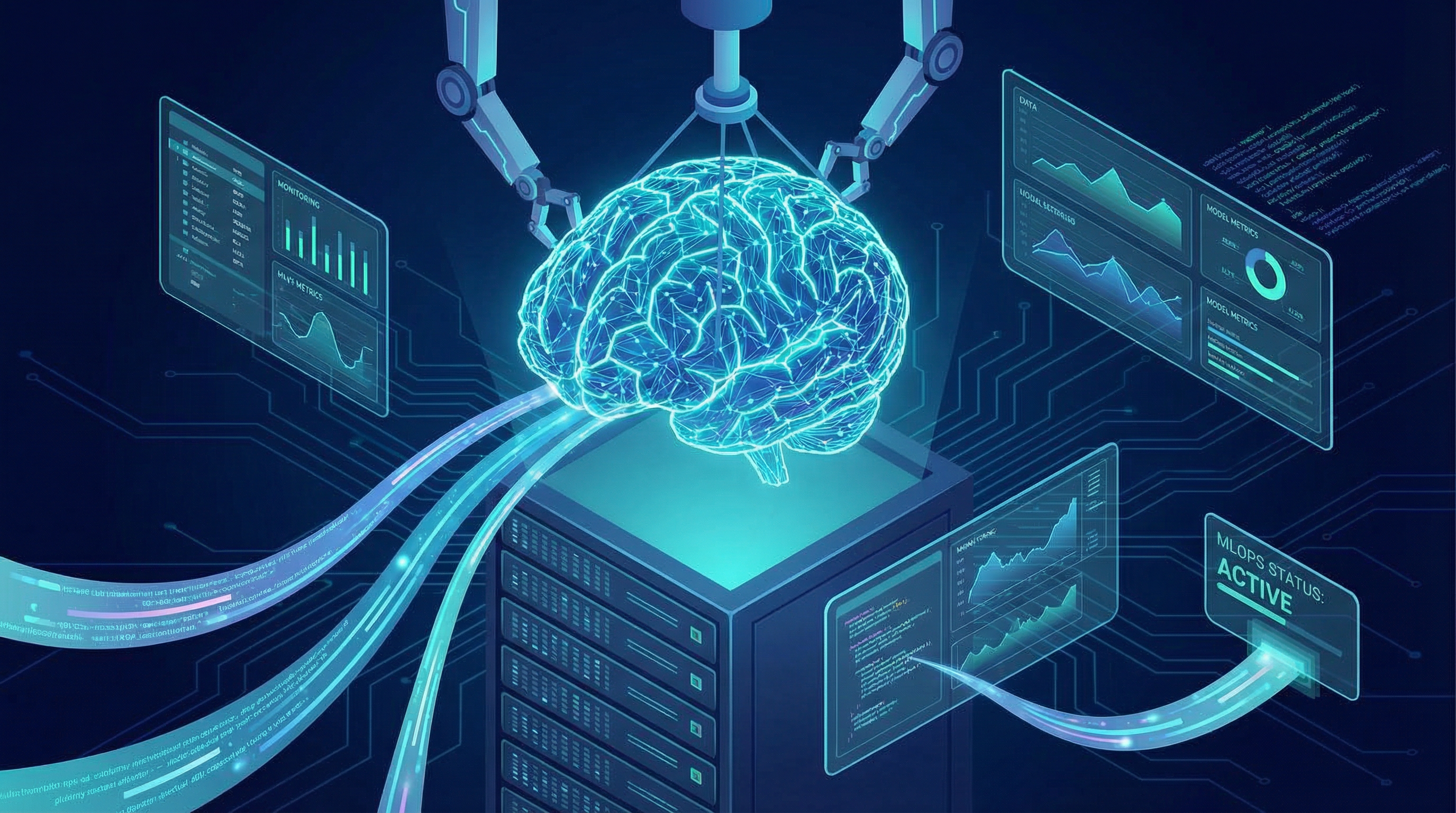 Cérebro digital sendo implantado em infraestrutura de servidores representando MLOps