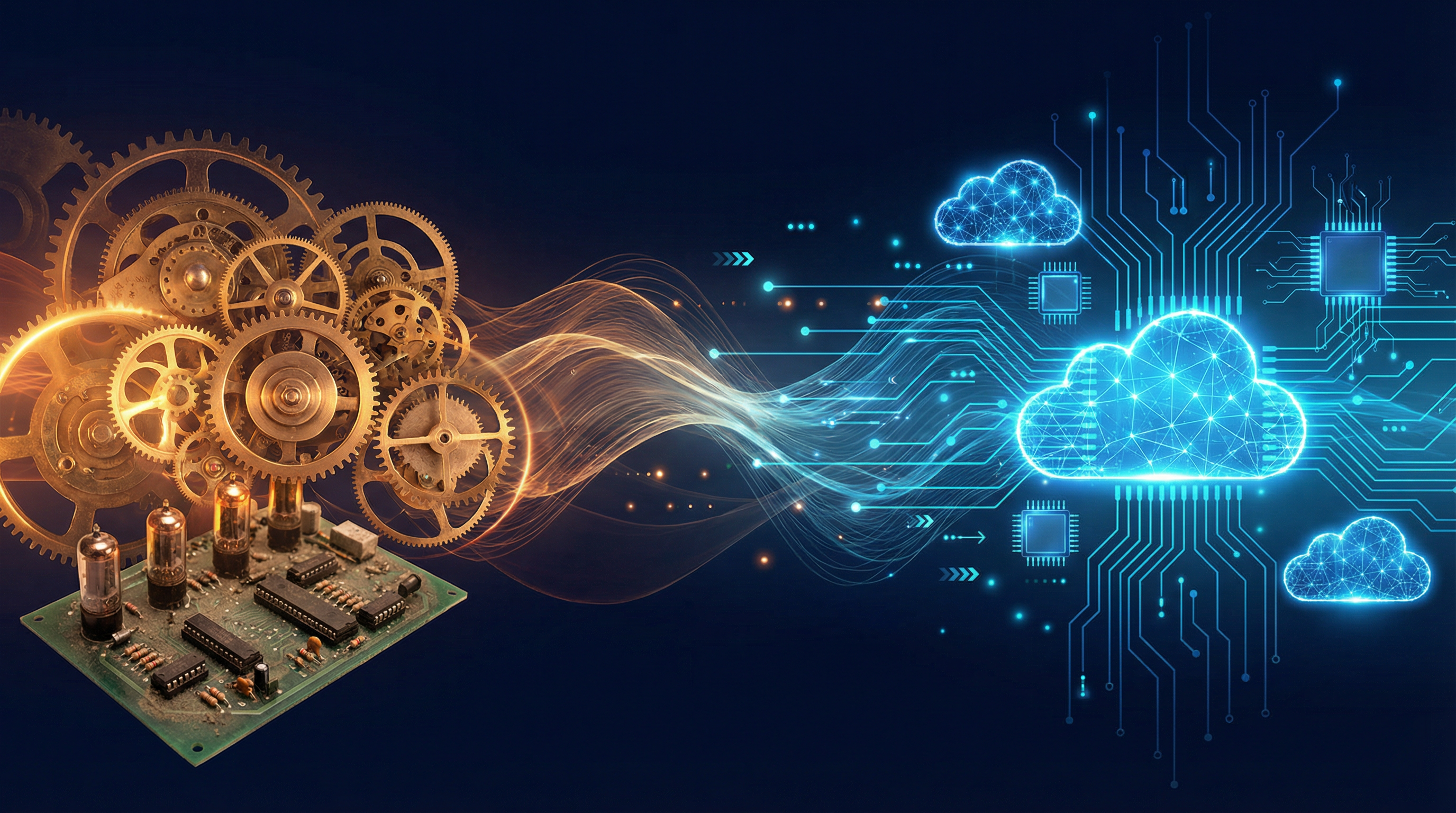 Transição visual de engrenagens mecânicas para circuitos digitais representando modernização