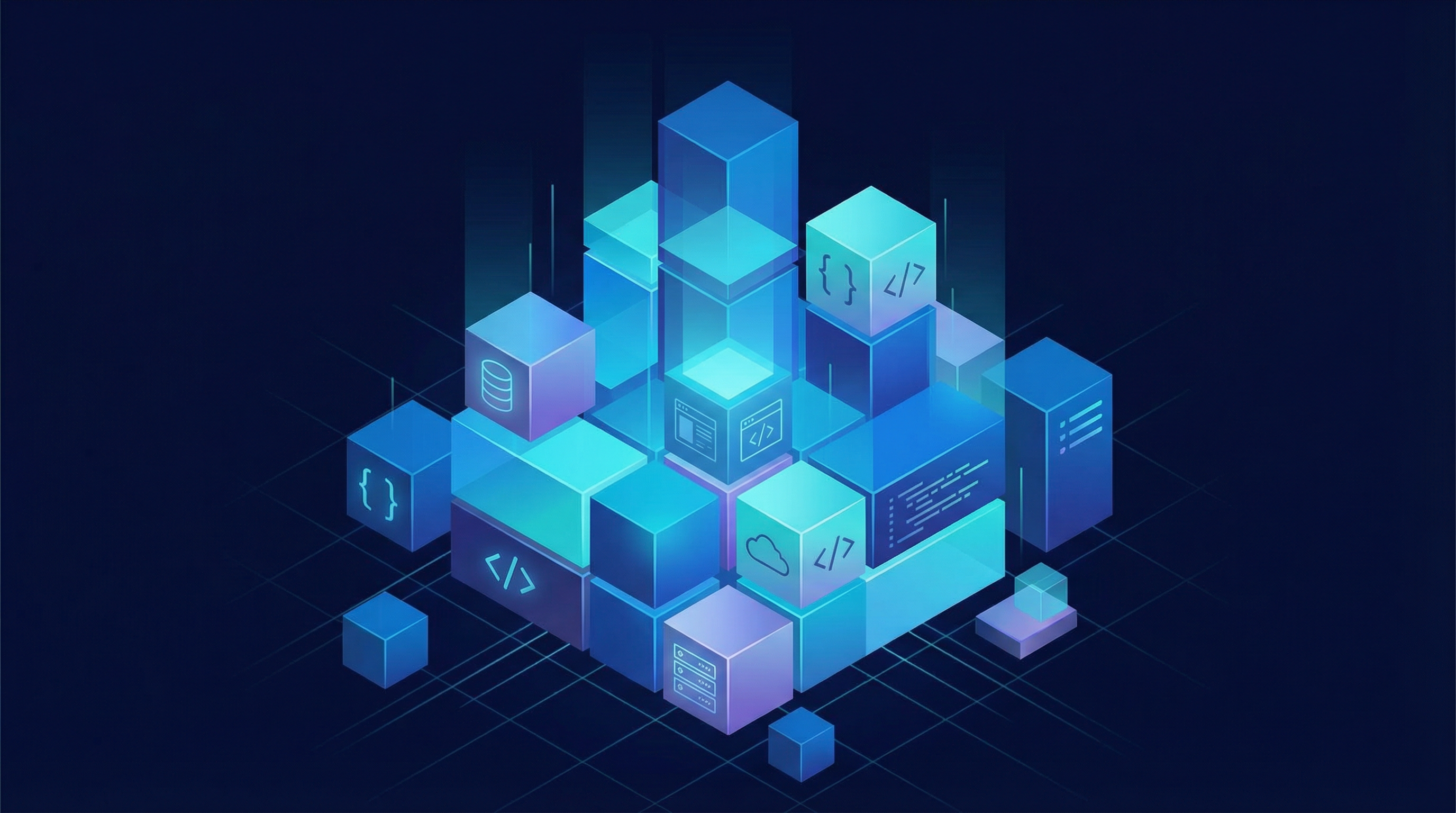 Blocos de tecnologias interconectados formando uma arquitetura de software