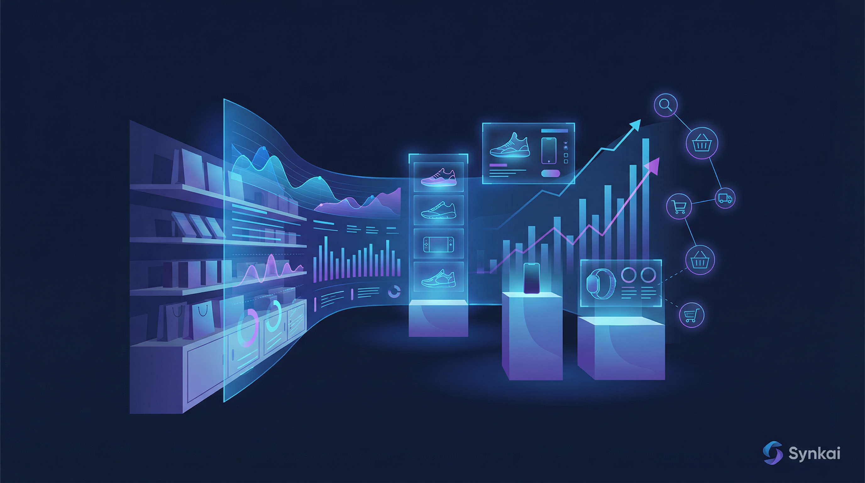 Interface digital de loja com gráficos de crescimento representando transformação digital no varejo